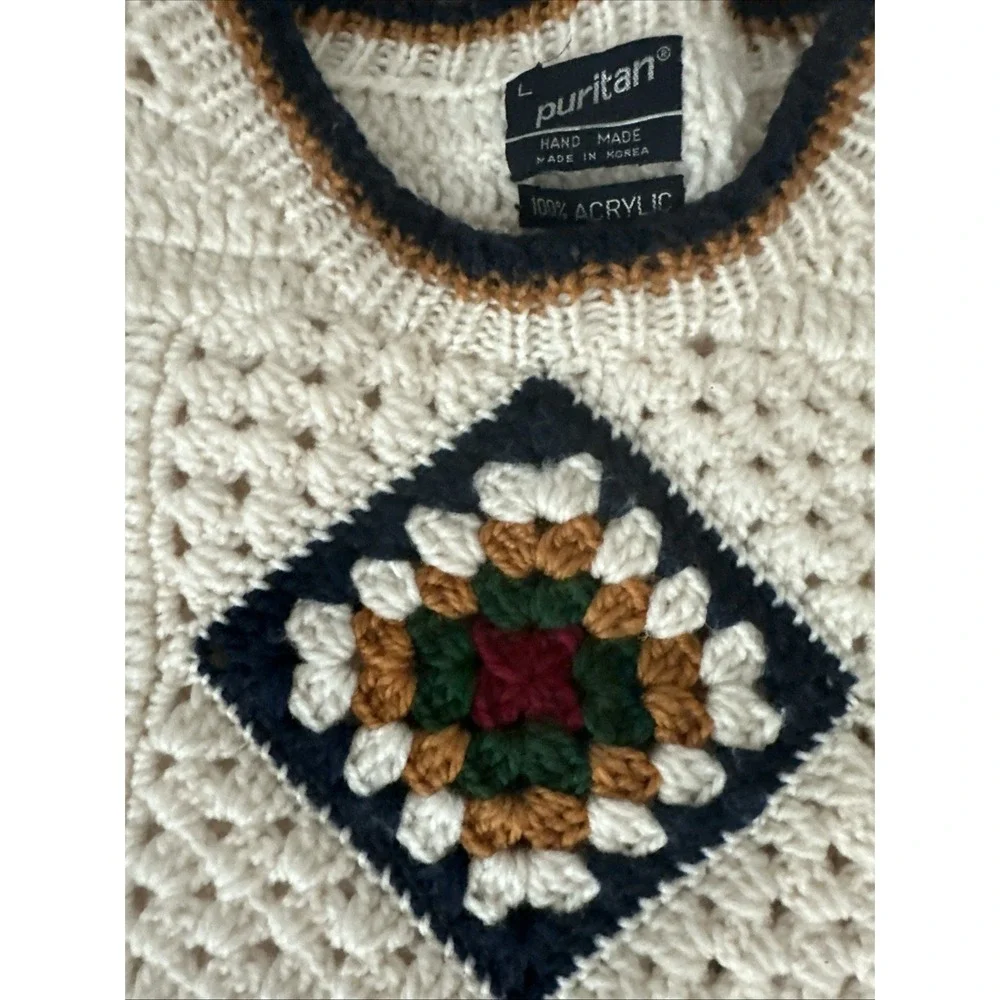 Vintage Knit Sweater crochet granny square Grandpa Core‎ large handmade Puritan - Picture 3 of 8